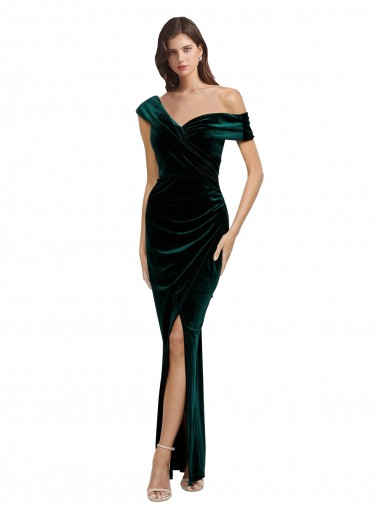 Buy Long Asymmetric Neckline Ruched Velvet Prom Dress UK